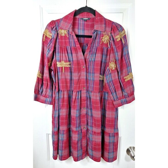 Desigual Women's Red Plaid Embroidered Babydoll Flowy Mini Dress Size Small - Picture 3 of 8
